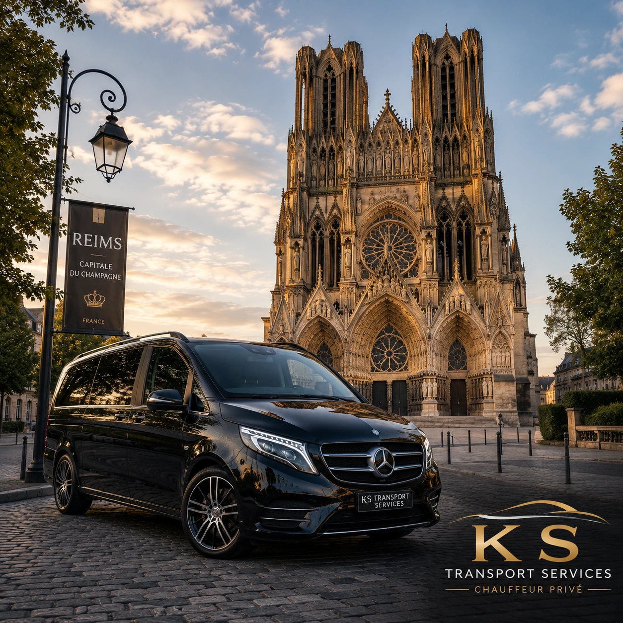 Cathédrale Notre-Dame de Reims avec Mercedes Class V noir – Transfert privé CDG Reims | KS Transport Services
