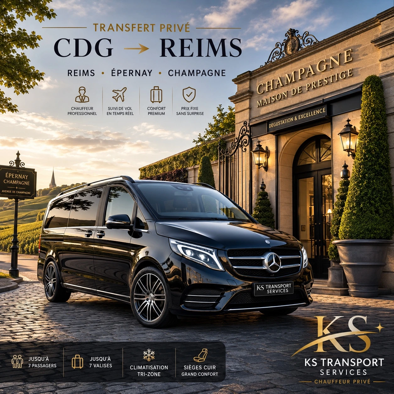 Transfert privé CDG Reims en Mercedes Class V noir devant une maison de champagne – KS Transport Services