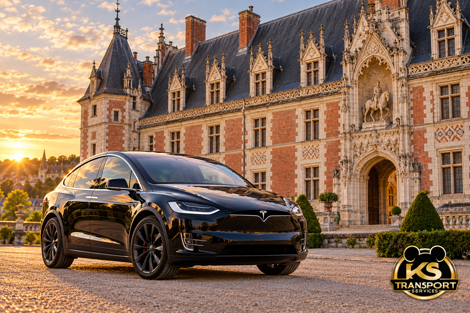 Tesla Model X noire devant le château royal de Blois à Blois – illustration KS Transport Services