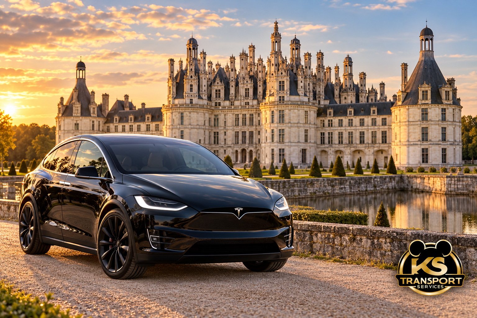 Tesla Model X noire devant le château de Chambord à Chambord – illustration KS Transport Services