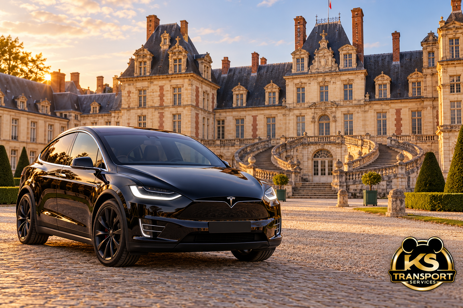 Tesla Model X noire devant le château de Fontainebleau à Fontainebleau – illustration KS Transport Services