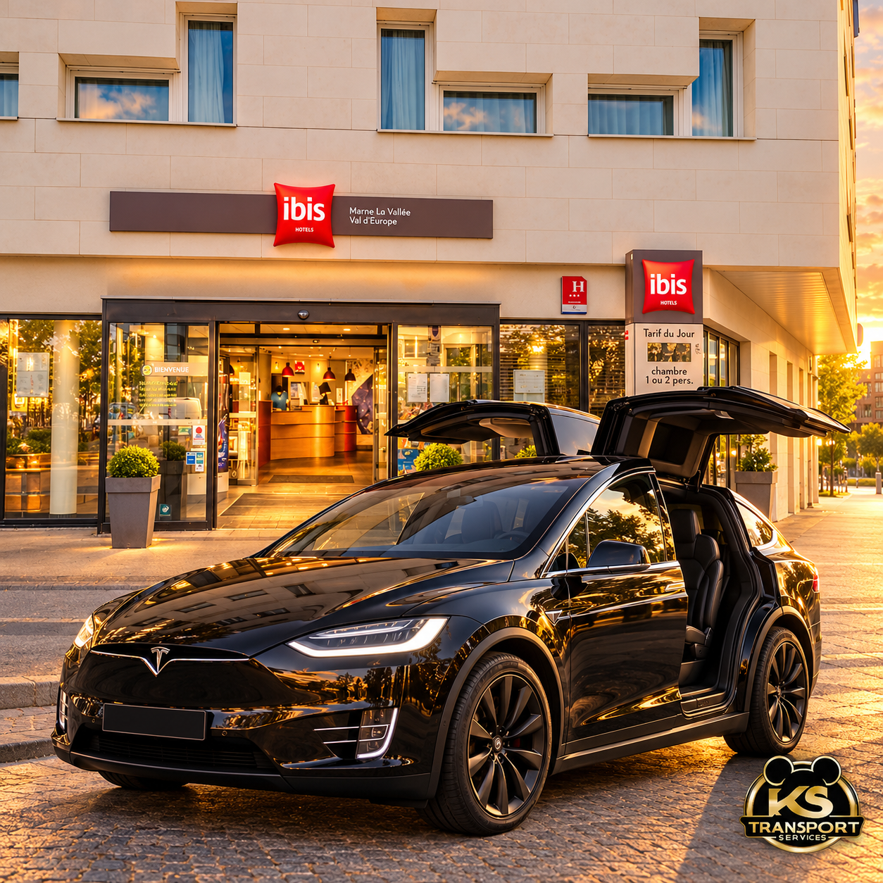 Transfer privado de Beauvais para ibis Marne-la-Vallée Val d’Europe em Tesla Model X com a KS Transport Services