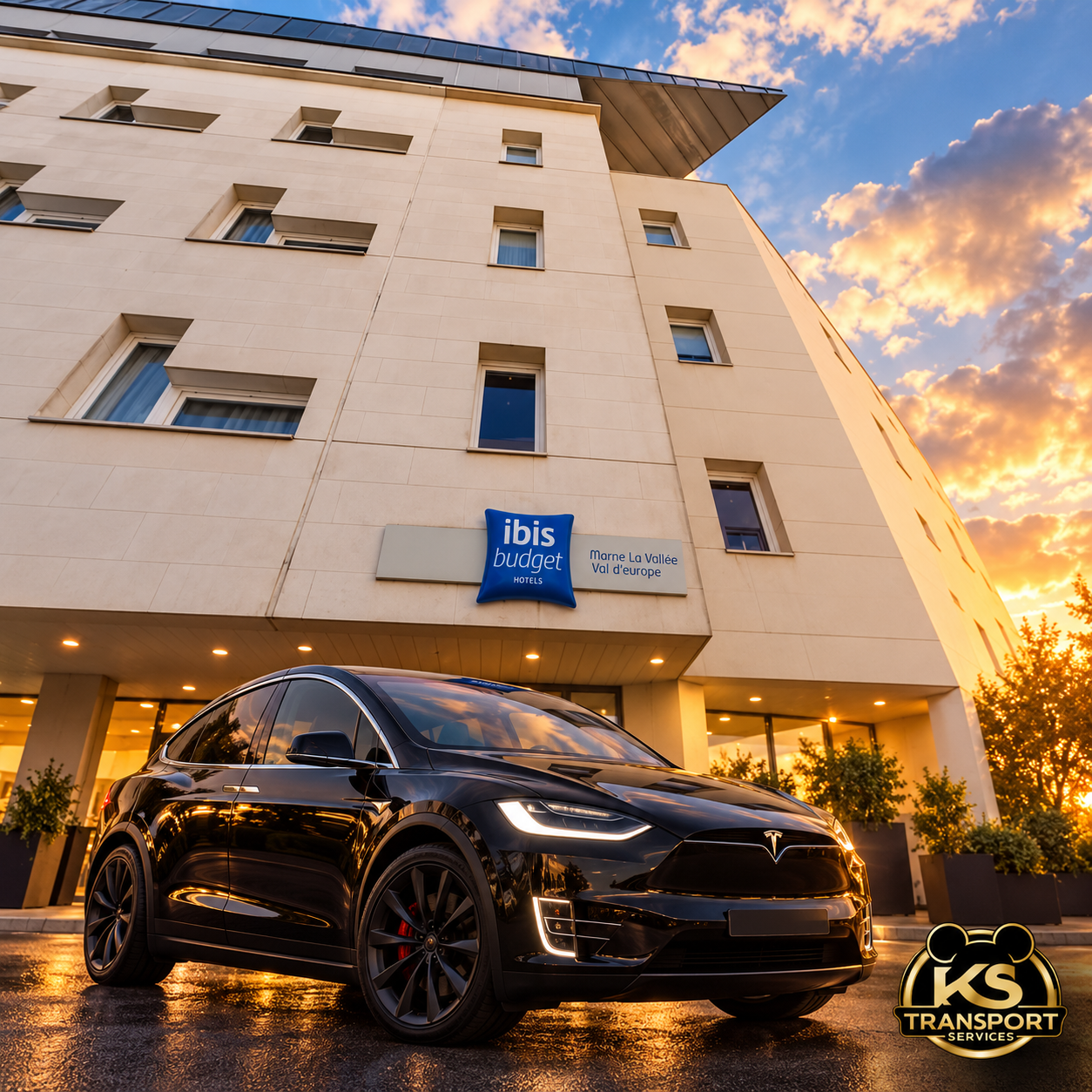 Traslado de París a ibis budget Marne-la-Vallée Val d’Europe en Tesla Model X con KS Transport Services